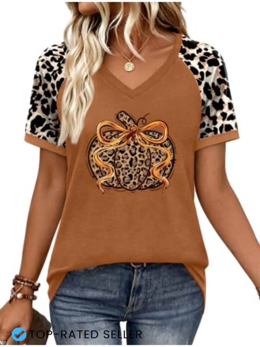 Women's Halloween Ghost Pumpkin V-Neck Leopard Plaid Raglan T-Shirt